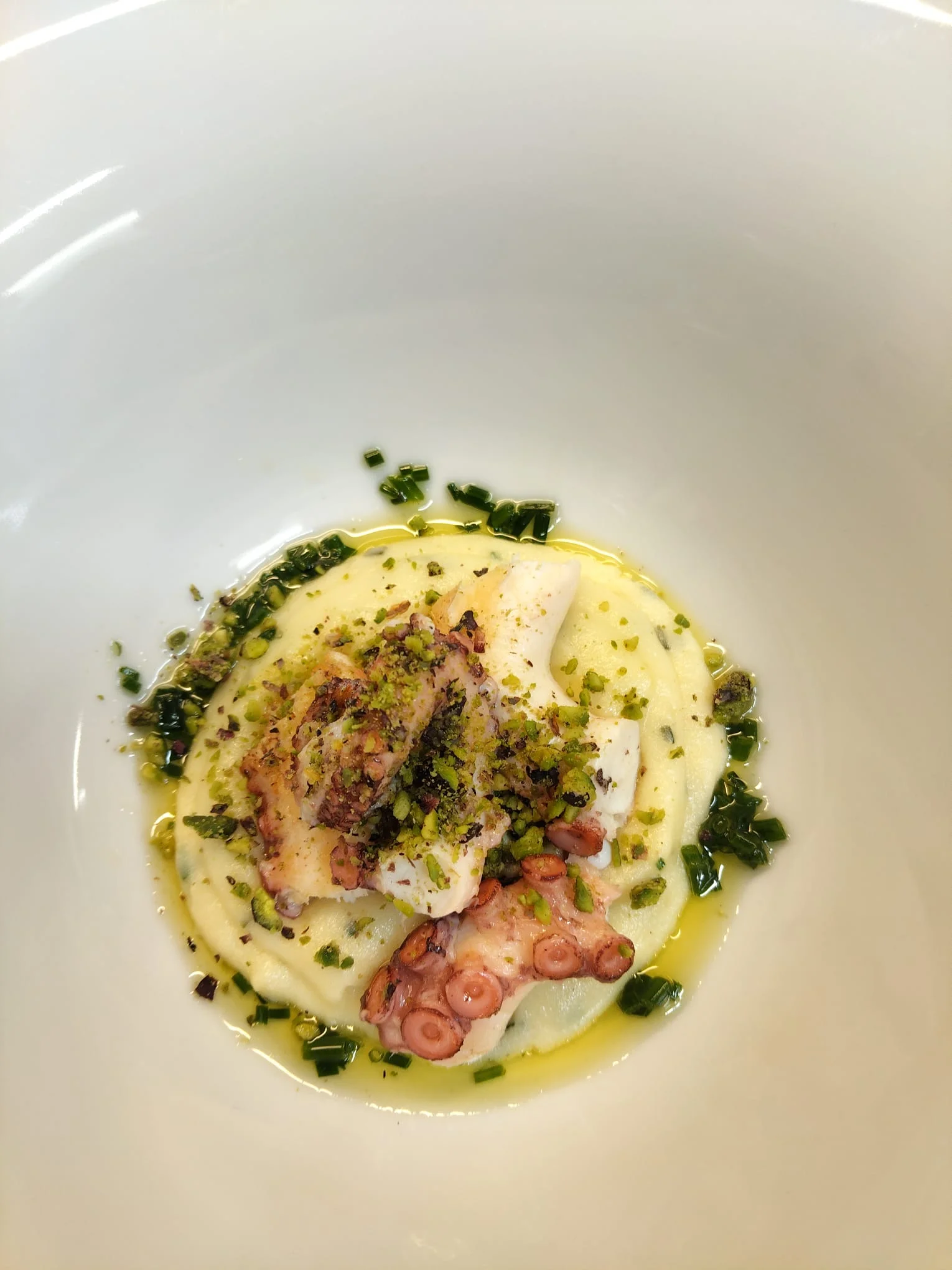 Polpo arrosto su purea di patate e granella di pistacchio