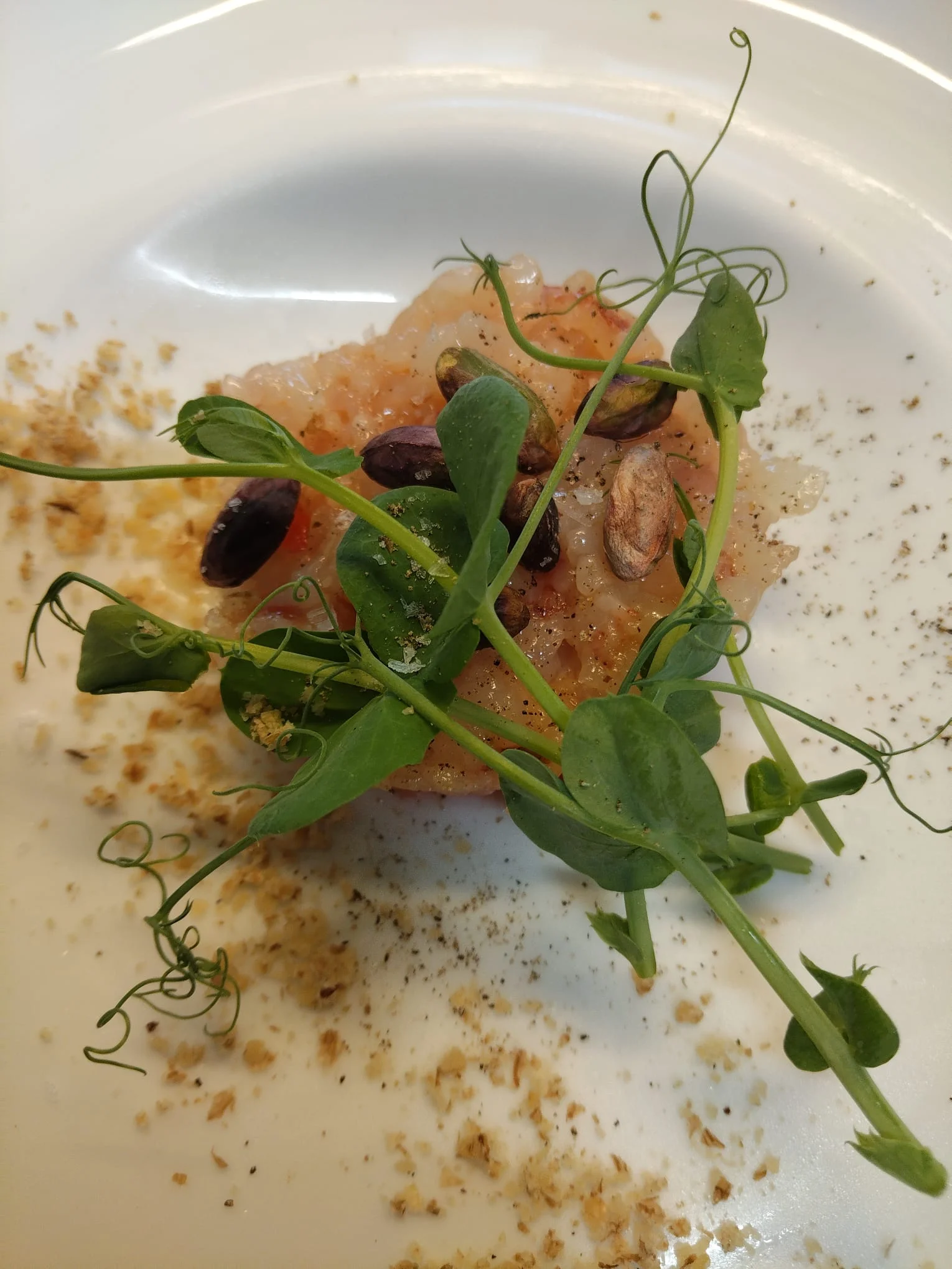 Tartare di gambero con germogli di pisello e pistacchi